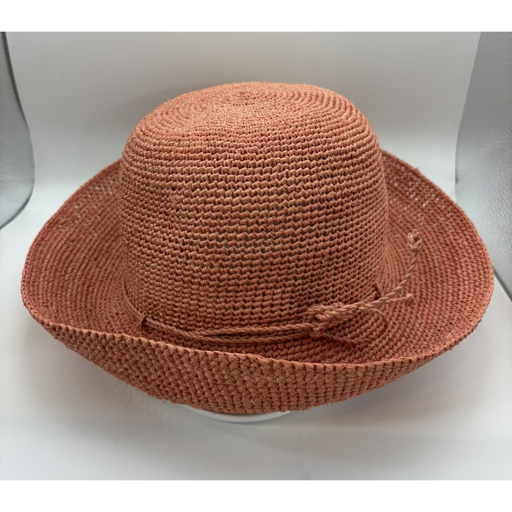 Helen Kaminski Raffia Crochet Sun Hat Coral Pink Wide Brim Made USA Adjustable - Picture 11 of 11